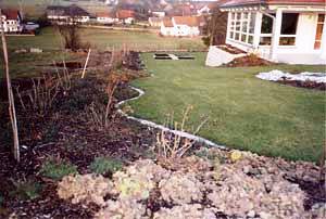 das Grundstück ist locker mit Gehölzen eingefat, die mit verschiedenen Bodendeckern unterpflanzt wurden